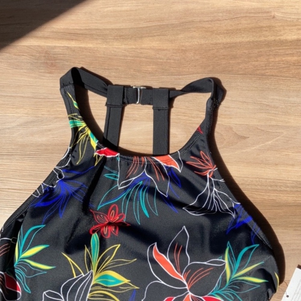 Ecobeach one piece swimsuit high neck black w floral printed swimsuit  L - Picture 5 of 17